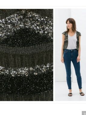Zara Black & Silver Sequin-Embellished Open-Front Crop Top